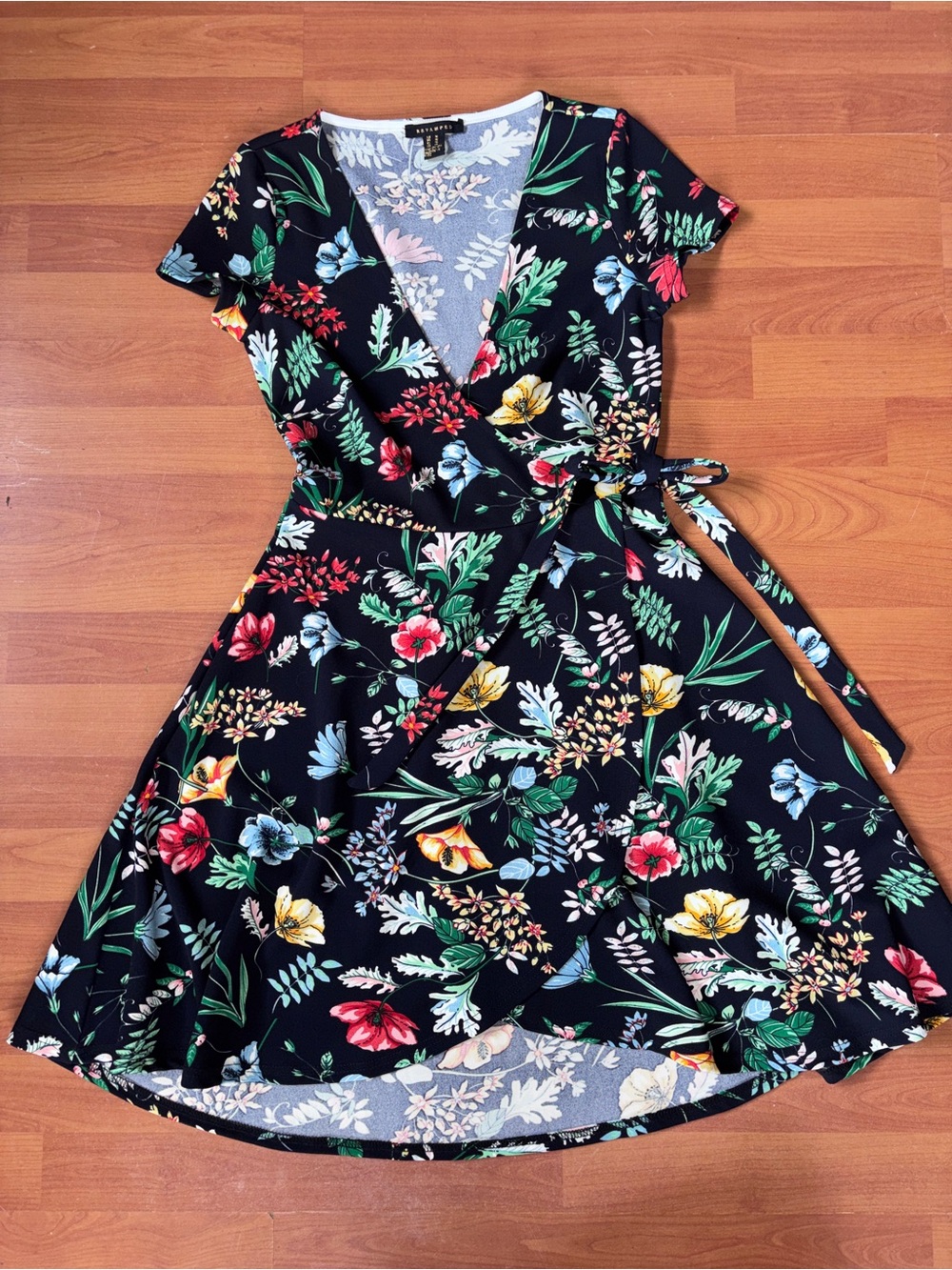 Revamped Black Floral Wrap Mini Dress